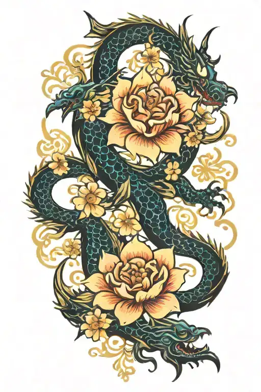 Cute Dragon Yin And Yang With Flowers Pedals Dropping