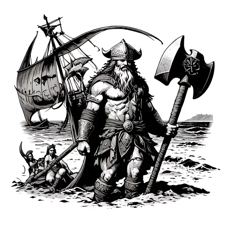 Viking With A Tor Hammer In Front Of A Drakkar On A Beach With Romans