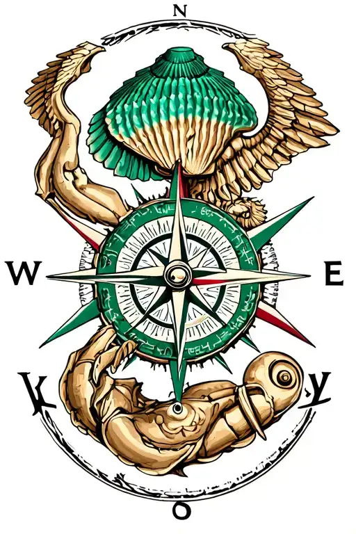 Emerald Shellback Imposed Over Compass Rose