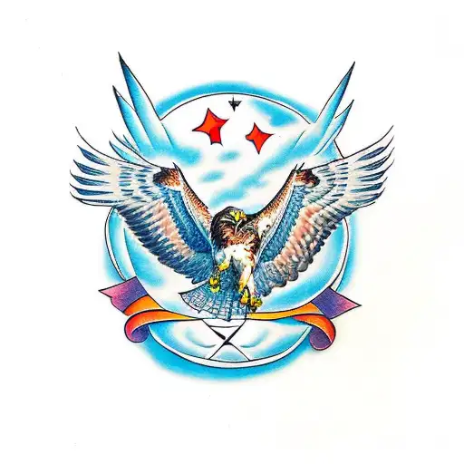 Red Tailed Hawk With Wings Up Clutching A Banner That Says Ad Astra