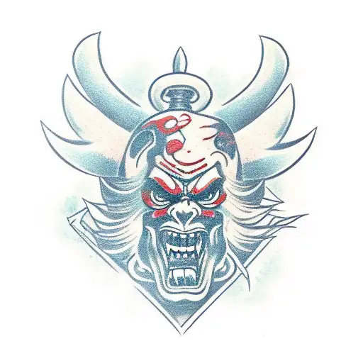 Oni Face With A Katana Through The Middle Surrounded By Skulls