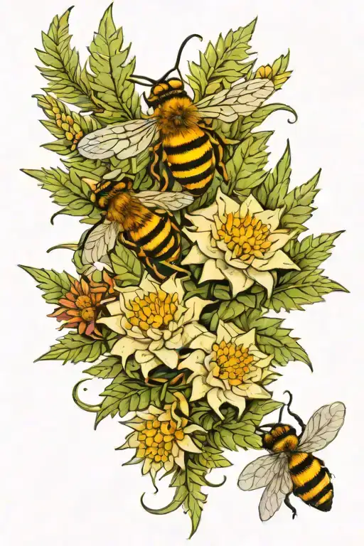 Edelweiss Flowers And Silver Ferns With A Bee Flying