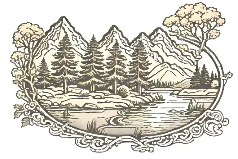 Trees River Mountain Scene