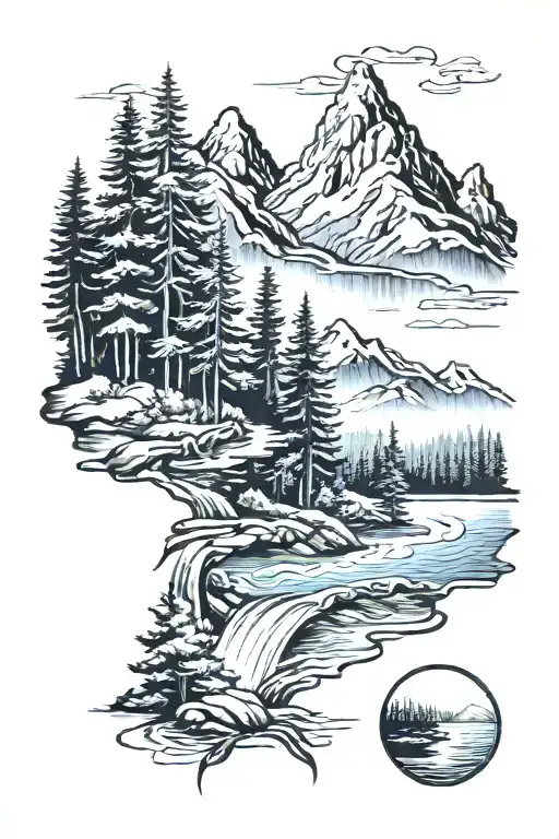 Trees River Mountain Scene