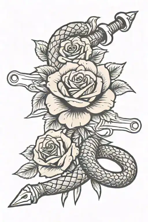 Sword And Roses And Snake Coiled