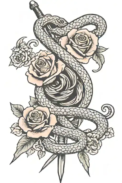 Sword And Roses And Snake Coiled