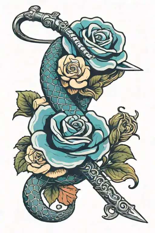 Sword And Roses And Snake Coiled