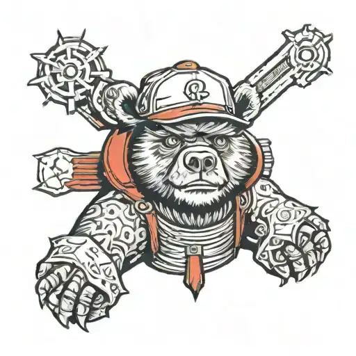 Red Bear Wearing A Cap And An Android With The Top Half Of Its S