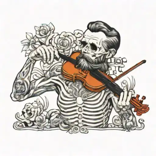 Bearded Man Playing Violin Below His Skeleton Teeth