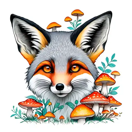 Elegant And Mischievous Gray Fox Portrait With Psychedelic Mushrooms Framing It
