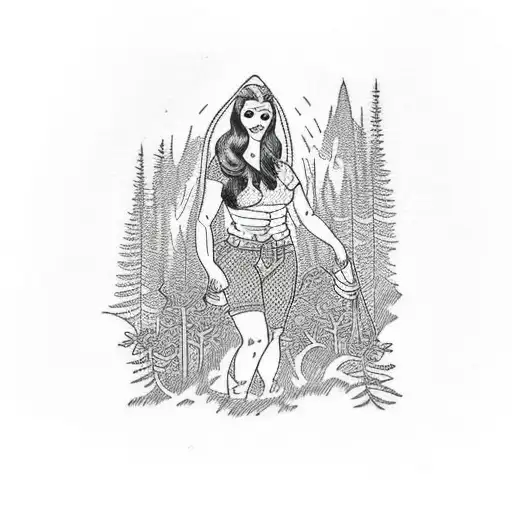 A Detailed Blackwork Tattoo Of A Woman Hiking Through A Lush Forest