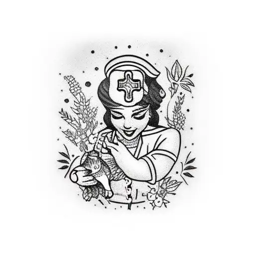 A Dotwork Tattoo Of A Nurse Caring For A Wounded Animal In A Garden Setting