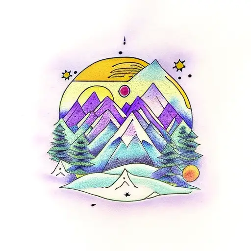 Mountain Scene With Pine Trees And A Purple Sky With Planets And Stars