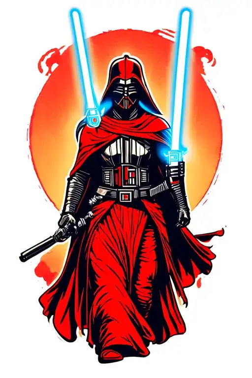 Star Wars Forearm Tattoo Of Female Darth Revan Walking While Holding One Lightsaber In Each Hand