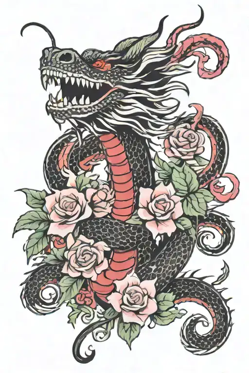 Dragon With Flowers Red And Pink