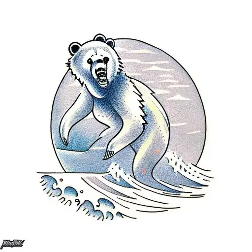 A Grizzly Bear Surfing A Wave In The Ocean