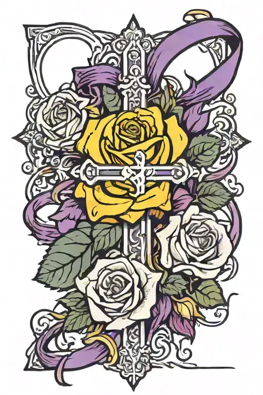 Yellow Rose Purple Ribbon And Cross