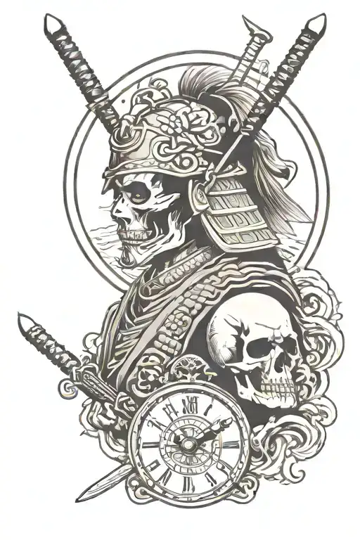 Samurai With A Skull Instead Of A Head And A Clock Next To It