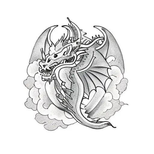 A Traditional Style Dragon Wrapped Around A Heart Made Of Sakura Blossoms