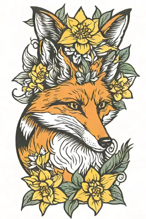 American Traditional Style Fox With Daffodil