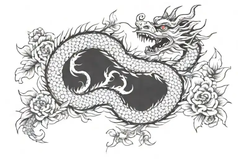 Black White And Red Chinese Dragon With Flowers On Chest