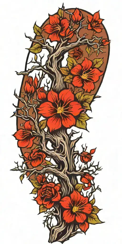 Dead Trees With Vines And Red Flowers