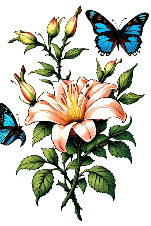 Lily And Rose Thorn With Butterflies