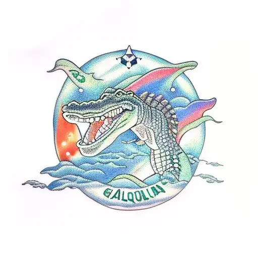 Alligator Swimming In A Sea Of Aquarius Stars With Military Planes Flying Overhead Tattoo