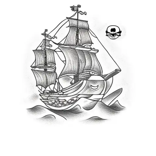 Pirate Ship With Mermaid Sitting On Rock In The Distance Tattoo