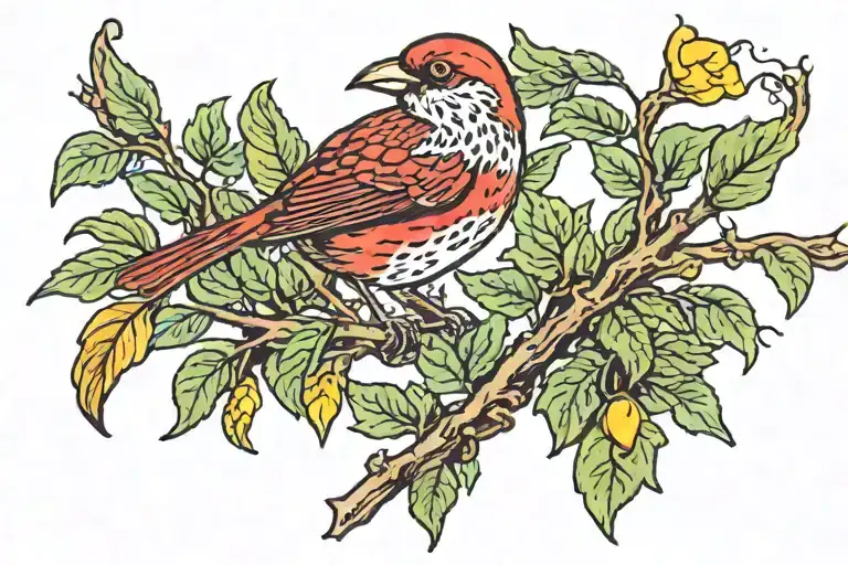 Small Red Bird With Yellow Highlights In Plumage Perched Among Green Leaves And Brown Branches