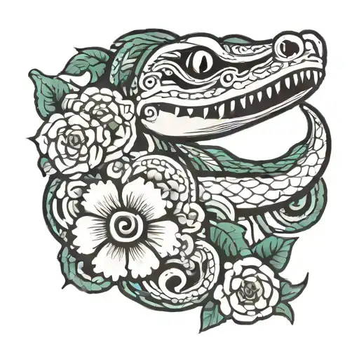 Slithering Snake Adorned With Aztec Flowers