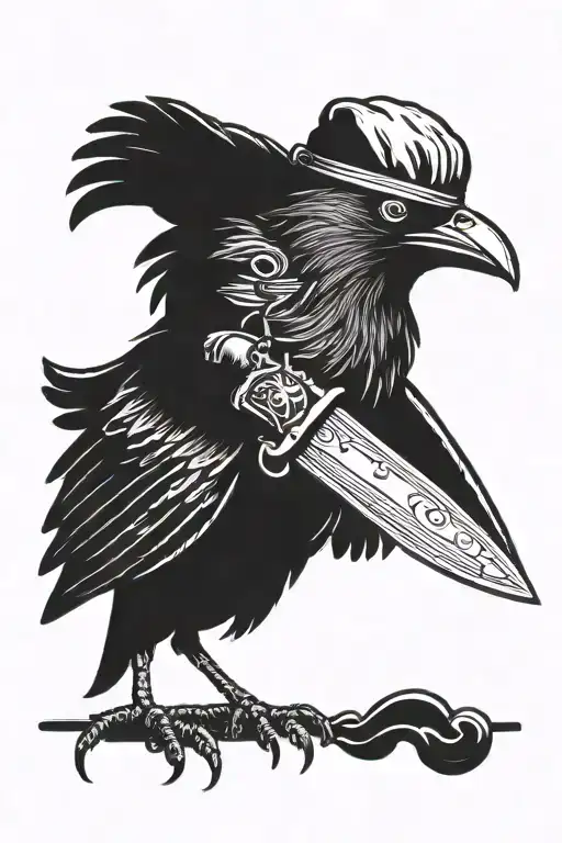 A Crow Holding A Chef Knife In Their Mouth