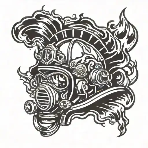Firefighter Helmet Engulfed In Flames With A Navy Deep Sea Diver Helmet Integrated Into The Design