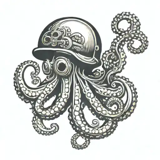 Octopus Wrapping Its Tentacles Around A Firefighter's Helmet And A Navy Deep Sea Diver's Helmet