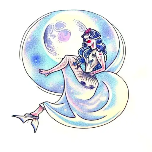 Moon And With Ethereal Lady Sitting On The Crescent