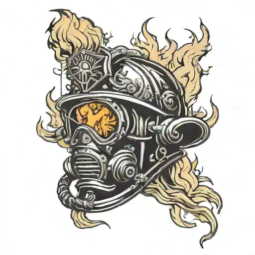 Firefighter Helmet Engulfed In Flames With A Navy Deep Sea Diver Helmet Integrated Into The Design