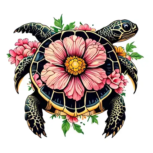 Turtle And Flowers Intertwined