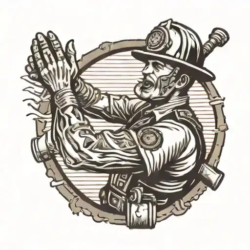 Create A Tattoo Of A Firefighter Reaching Out To Grab The Hand Of An Old School Navy Deep Sea Diver