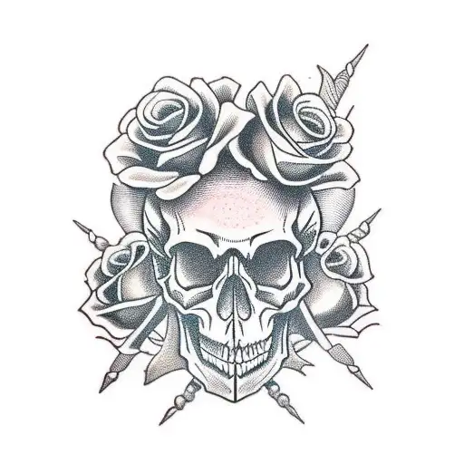 Skull With Dagger And Roses Half Sleeve