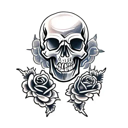 Skull With Dagger And Roses Half Sleeve