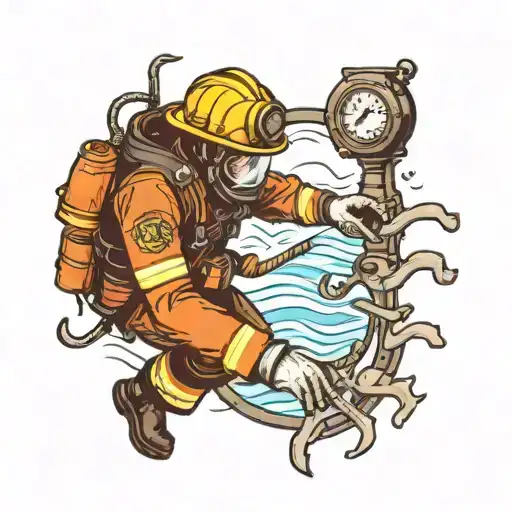 Create A Tattoo Of A Firefighter Reaching His Hand Out To Grab The Hand Of A Navy Deep Sea Diver
