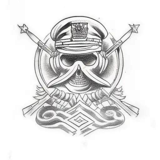 A Tattoo Design Merging Military Elements With Mythical Gods In A Sketch Style