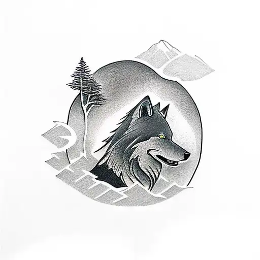 Silhouette Of The Forest In Black And A Smaller Wolf In The Front As White Gray