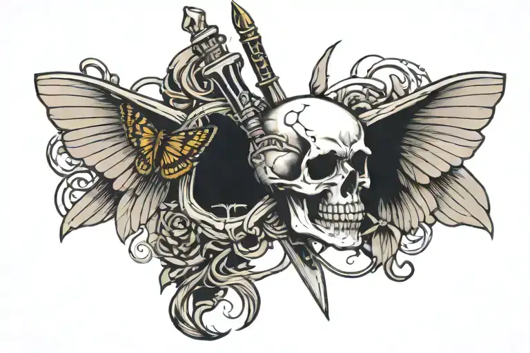 Skull Butterfly Wings With Broken Sword Intertwined Snake Wrapping Around Sword