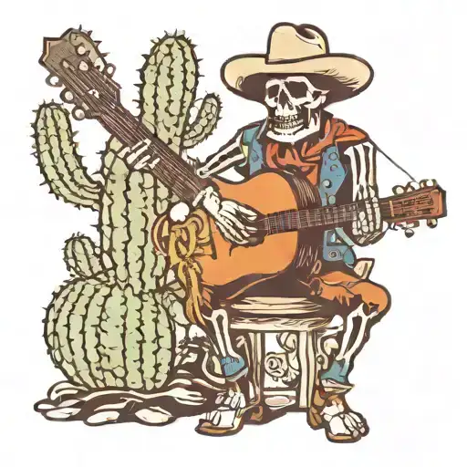 Cowboy Skeleton Playing Guitar Next To A Cactus