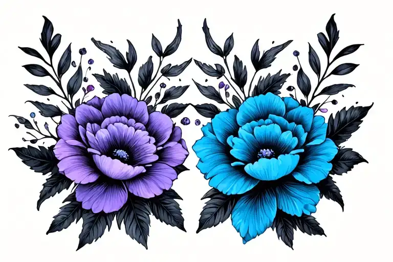 Purple Flower On Left Blue Flower On Right With Black Leaves All The Way Around