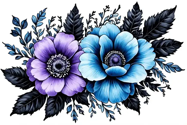 Purple Flower On Left Blue Flower On Right With Black Leaves All The Way Around