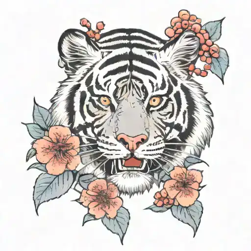 Black And Grey Tiger With Red Hawthorn Flowers