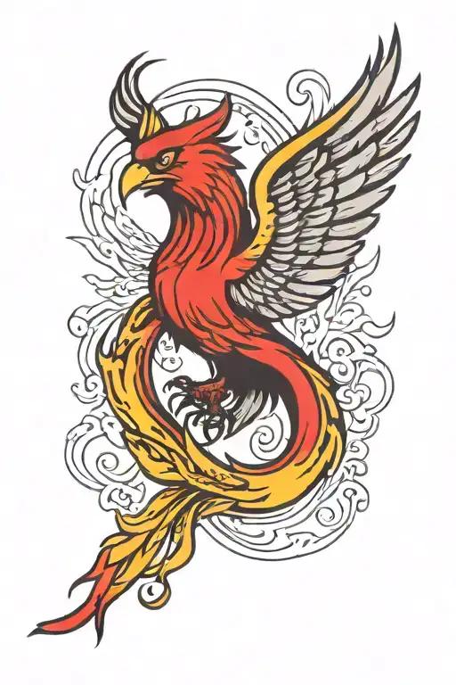 Phoenix With Flames Curling From It's Wings That Fade From Red To Yellow