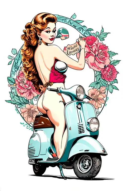 Pin Up Girl Con Vespa Scooter Full Side View